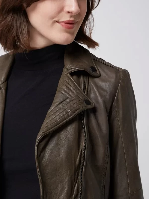 Gipsy Slim Fit Lederjacke Im Biker-Look Modell ‘Adine’ – Olivgrün 4