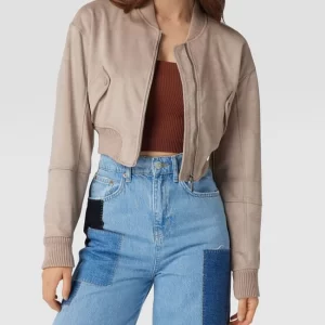Guess Cropped Jacke In Velours-Optik – Taupe 13