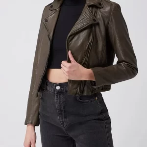 Gipsy Slim Fit Lederjacke Im Biker-Look Modell ‘Adine’ – Olivgrün 13