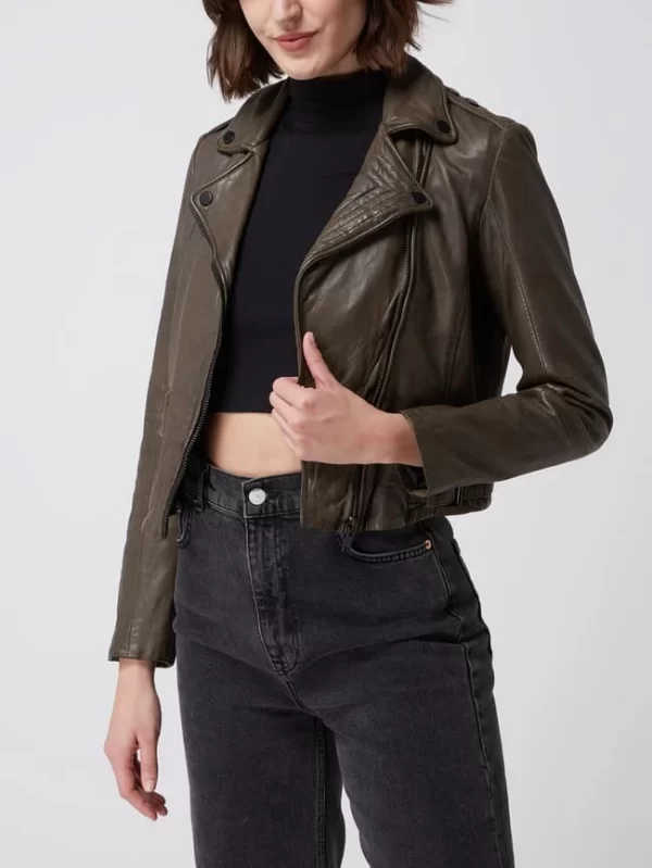 Gipsy Slim Fit Lederjacke Im Biker-Look Modell ‘Adine’ – Olivgrün 5